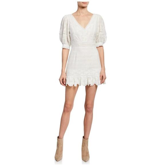 LoveShackFancy Lena V-Neck Elbow-Sleeve Mini Dress w/ Embroidery Size Large - Picture 1 of 9